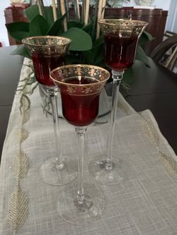 Set of 3 Red and Gold Stemmed Candle Holders