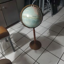 Vintage Globe Stand Brass And Wood  Blue12 In