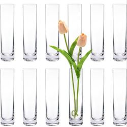 Glass Cylinder Bud Vases for Centerpieces, Set of 12 (Clear turquoise) Small vases,Handmade Slim Flower Vases Wedding Table Decor for Single Rose vase