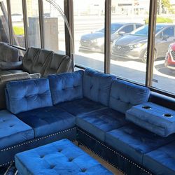Beautiful Sectional Blue With Storage Ottoman New