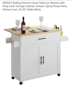 Rolling Kitchen Island Table on Wheels with Drop Leaf, Storage Cabinet, Drawer, Spice/Towel Rack, Kitchen Cart, 47.25" Wide White