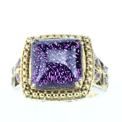 Purple Camofine Dichroic Art Glass w Amethyst Ring in ION Plated 18kt Yellow Gold over Brass SZ 8