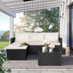 Beige 3 Piece Outdoor Sectional Patio Sofa, All Weather Wicker Rattan Outdoor Furniture Set