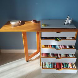 7-Drawer Cart and Expandable Table - Pine and White