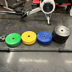 Home Gym Setup Free Weights 475 Pounds Bumper Plates Olympic Weights And Olympic Bar American Barbell Rogue Fitness