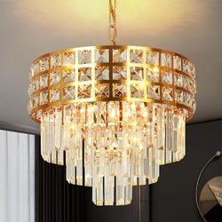 Modern Crystal Chandelier Gold, 15.7" Round Chandeliers for Dining Room K9 3 Tiers Ceiling Pendant Light Fixtures Golden Flush Mount Chandelier