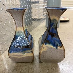 Vintage Stoneware Drip glazed Small Bud Vase 1995 Signed Manqury 8in Pair