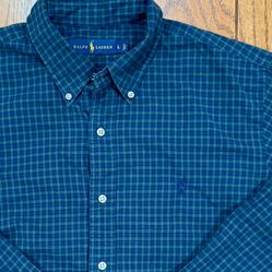 🇺🇸 Navy Checkered PONY Mens LARGE Ralph Lauren POLO Long Sleeve Collared Vintage Golf Dress Shirt L