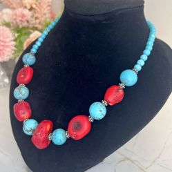 Bohemian Vintage Red Coral & Turquoise Beaded Necklace - Statement Jewelry