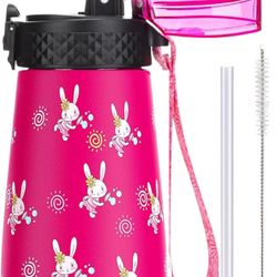 12 oz Kids Water Bottle with Straw Lid & Spout Lid Vacuum Insulated Stainless Steel Cup Double Wall Kids Metal Water Bottles For School Boys Girls (Ro