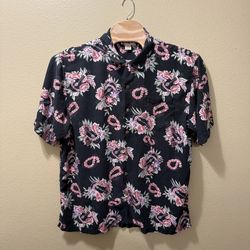 Men’s 2XL Hilo Hattie 100% Silk Black Pink Ukulele Floral Hawaiian Shirt