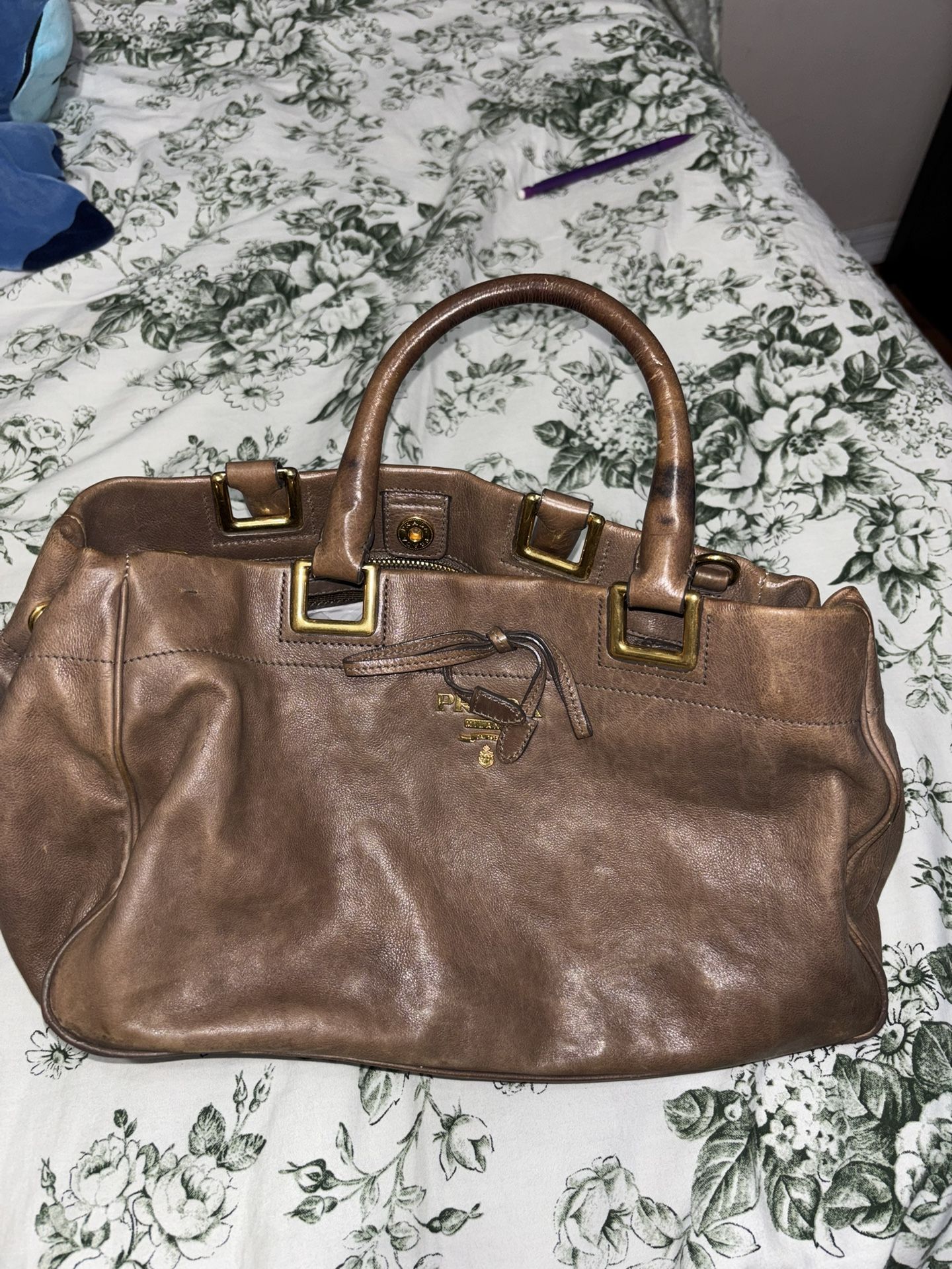 Vintage Prada Tan Calfskin Leather Ribbon Shopping Bag