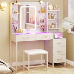 Vanity Desk with Mirror and LED Lights, 57.5" Makeup Vanity with Glass Top, Vanity with RGB Drawers, Power Outlet Safety Switch for Bedroom, White