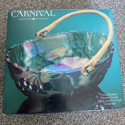 Vintage Carnival Green Blue Glass Fruit Basket With Bamboo Wicker Handle Indiana Glass Company 