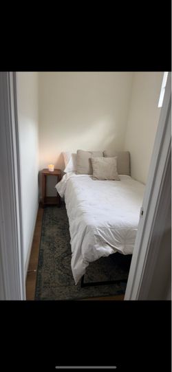 Twin bed frame + mattress + bedding - MOVING SALE (see page for more)