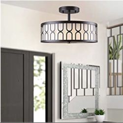 Osimir LED Semi Flush Mount Ceiling Light, 14" Dia 24W 3000K LED Dimmable Close to Ceiling Light, Modern Drum Flush Mount Light Fixture, Oil Rubber Br