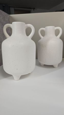 Set of 2 White Speckled Ceramic Vases Modern Boho Farmhouse Decor