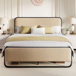 Queen Size Platform Bed Frame, Upholstered Bed with Fabric Curved Headboard & Footboard, No Box Spring Needed, 1000 LBS Capacity, Beige