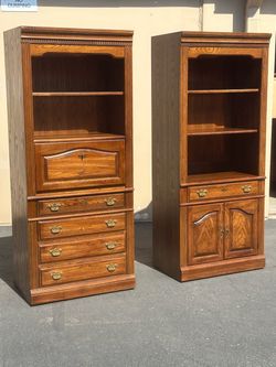 Pair of Oak Bookcase Cabinets with Drawers