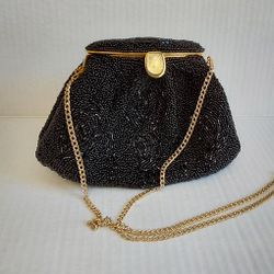 Black Bead Night Purse w/ Gold Shoulder Chain