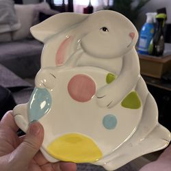 Pier 1 Imports bunny rabbit holding an egg hand-painted earthenware plate