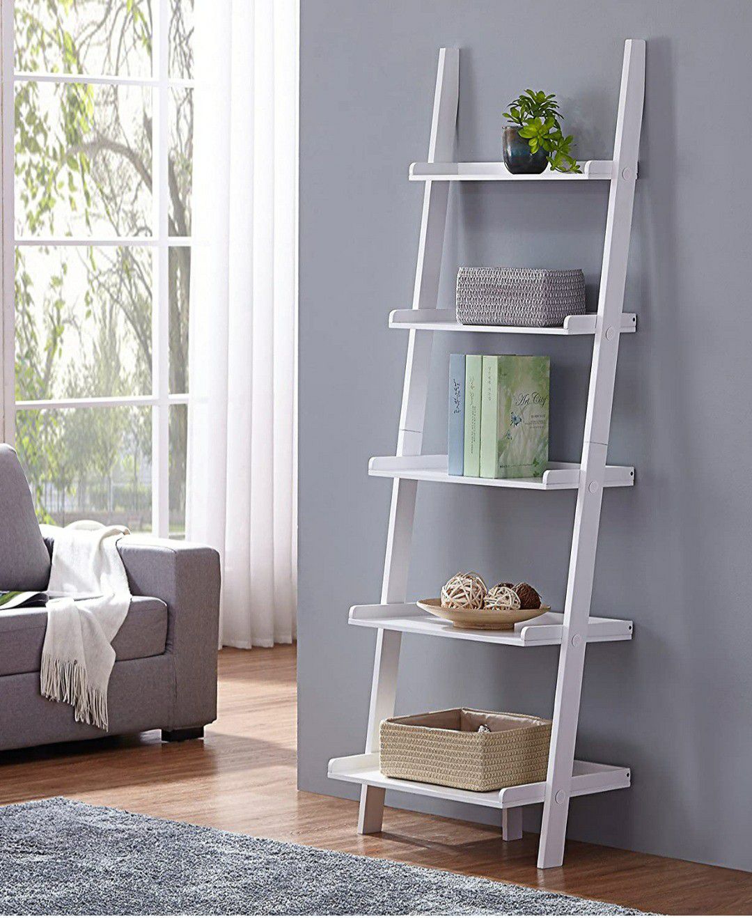 White Finish 5 Tier Bookcase Shelf Ladder