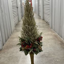 Elegant Glitter Gold Christmas Topiary Tree Decoration on Pedestal with Red Berries & Pinecones