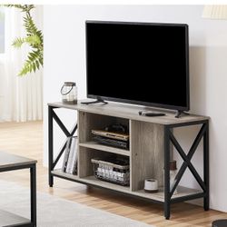 Industrial TV Stand for 55 Inch TV, Entertainment Center Media Console Table with Open Storage for Living Room, Wood Modern Furniture, Gray