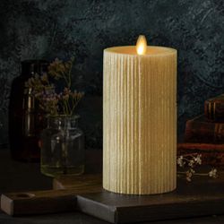 Gold Ribbed Real-Flame Effect Pillar Candle