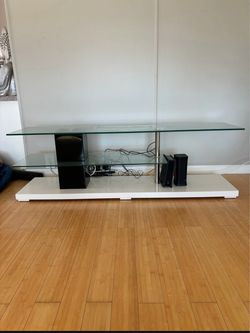 Glass and White TV Stand with Chrome Post