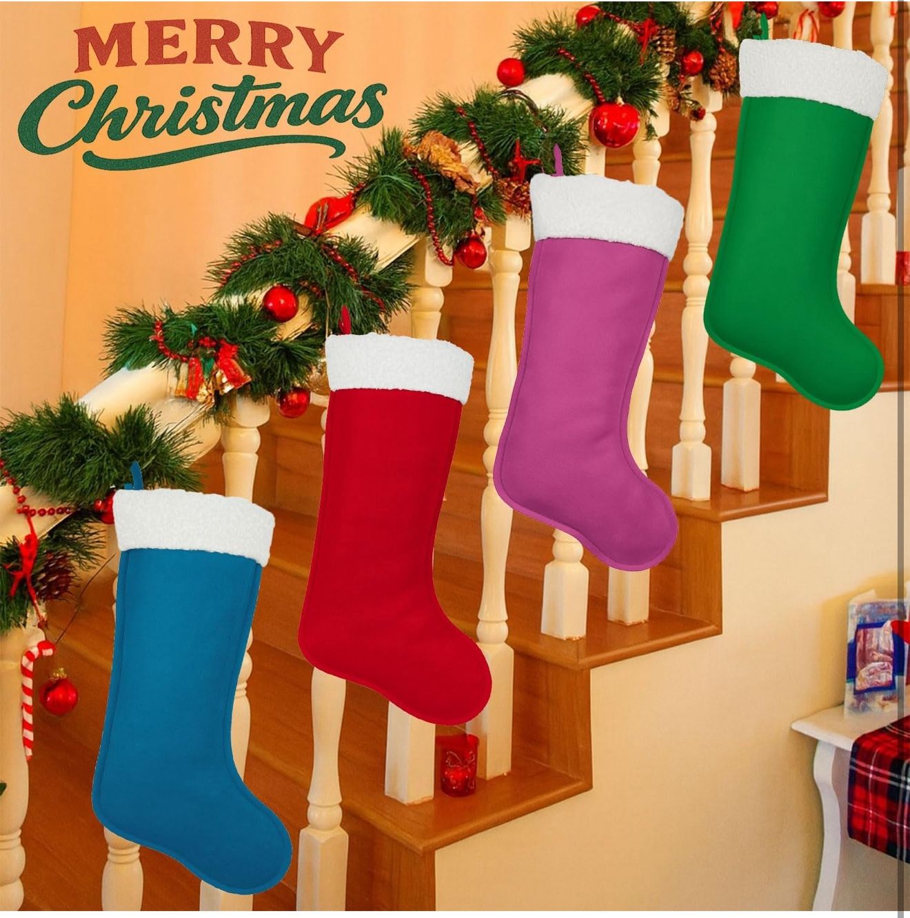 4Pack Christmas Stockings 20 Inches Large Vintage Merry Christmas Stocking for Family Holiday Party Decor and Xmas Tree Fireplace Mantle Decor (4, Mul