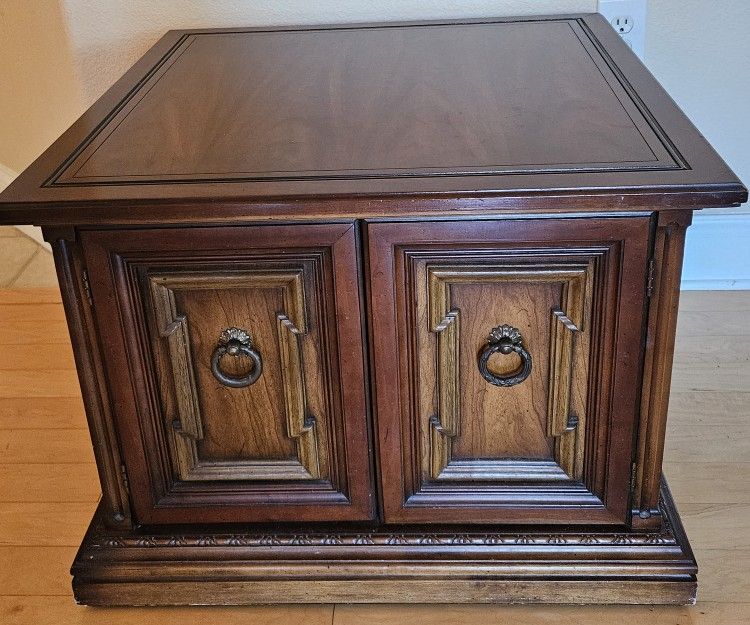 End Table Brown Solid Wood With Dbl. Door Storage Area.
