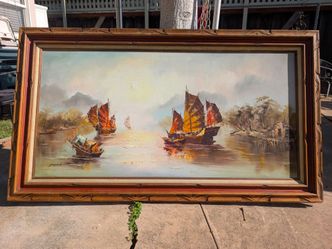 Large Traditional Scenic Oil Painting Of Chinese Boats