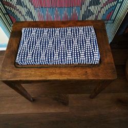 Antique Wooden Piano Stool with Blue & White Patternet Cushion 18"×14"×20"