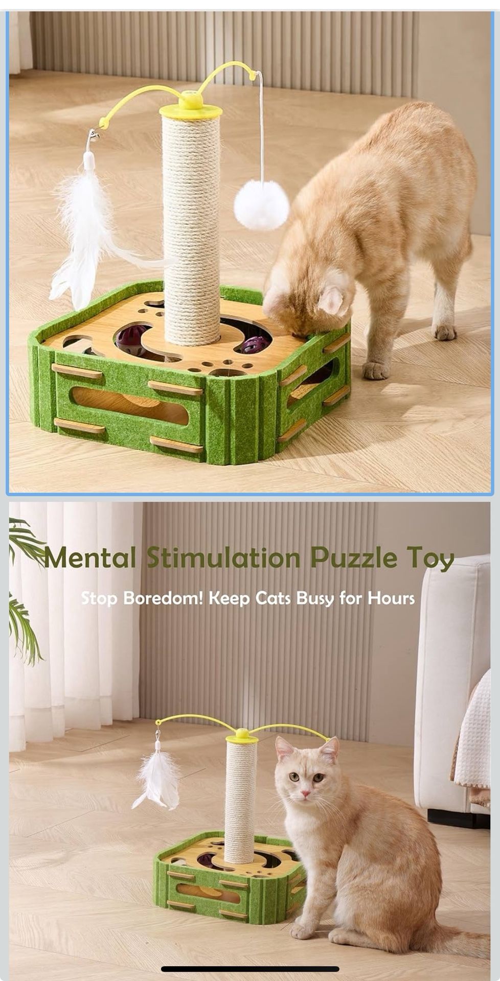 Cat Puzzle Toy - Scratching Post with Spinning Balls & Feathers for Indoor Cats, Satisfies Hunting Instinct, Self-Play Mental Stimulation Game with Ro