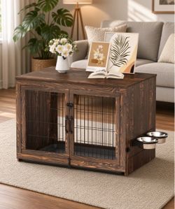 38 inch Wooden Dog Crate Furniture with 360° Rotatable Removable Dog Bowls, Dog Crate End Table with Tray, Double Doors Dog Kennels Indoor for Small t
