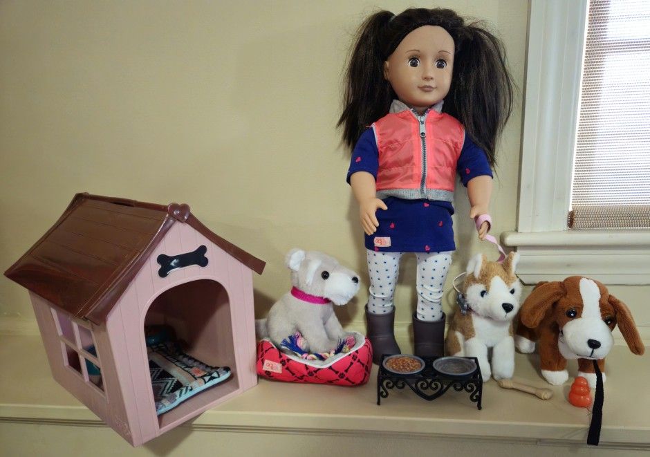 Our Generation Puppy House, Basset Hound Pup, Pet Care Accessory Playset, Schnauzer Pup, & Leslie Doll with Pet Huskey