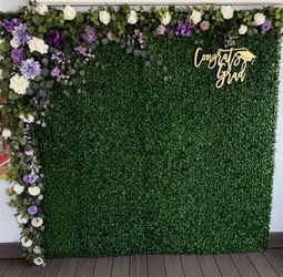 🌿 Large Boxwood Greenery Wall Backdrop with Floral Garland + Extra Panels