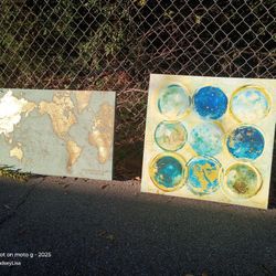 Canvas Art World Map & Abstract Blues And Yellows, Gold, And Greens