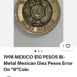1998 Mexico $10 Pesos Bi Metal,Rare Coin.