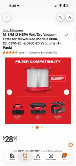 M18/M12 HEPA Wet/Dry Vacuum Filter for Milwaukee Models 0880-20, 0970-20, & 0960-20 Vacuums (1-Pack)