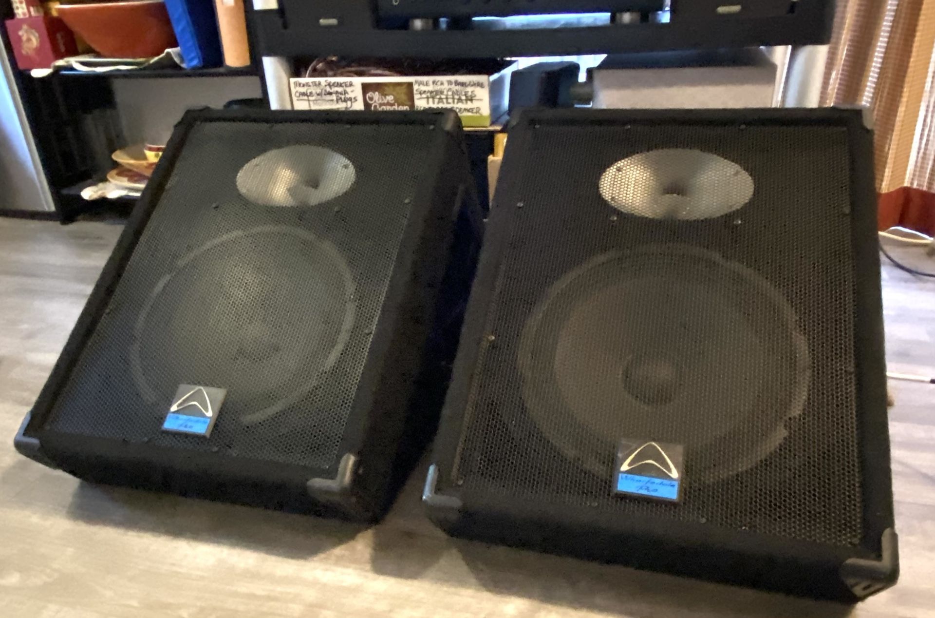 FLOOR~MONITOR SET: 2-WHARFEDALE V-12M 2-WAY SPEAKERS + BOGEN C-100C POWERED MIXER/AMPLIFIER