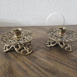 Vintage Brass Filigree Candlestick Holders