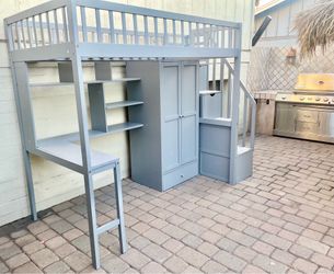 Nice Twin Size Grey Loft Bed w/ Desk, Bookshelf, Wardrobe, Drawers and Storage Stairs