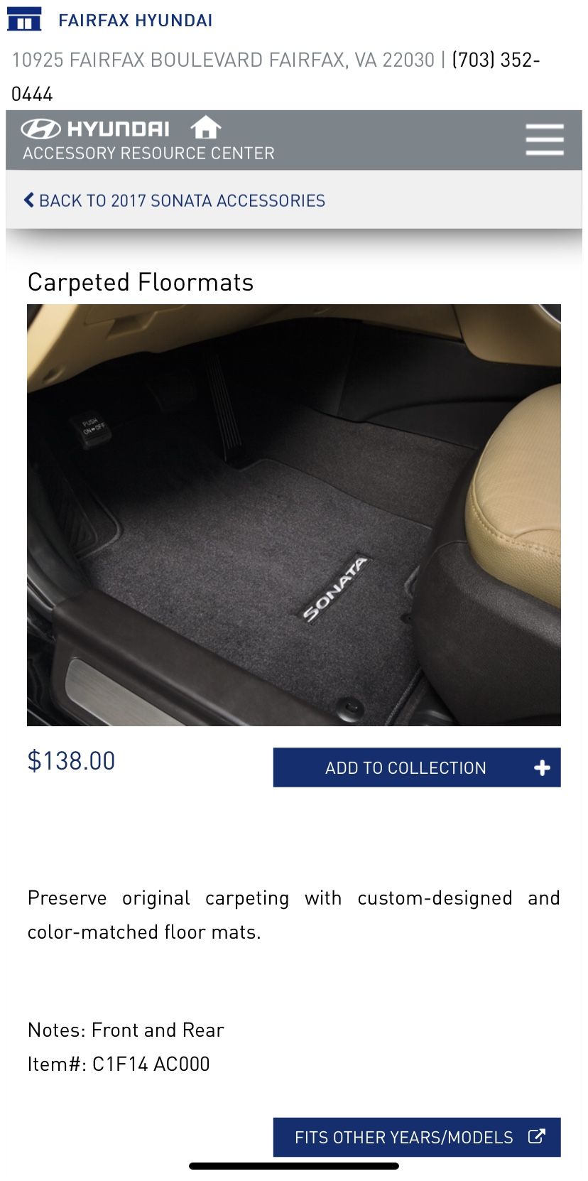 Carpeted Floormats for Hyundai Sonata (new).