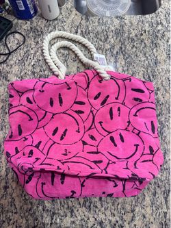 Gloss & Glo Pink Smiley Tote Bag w/ Rope Handles – 16x20