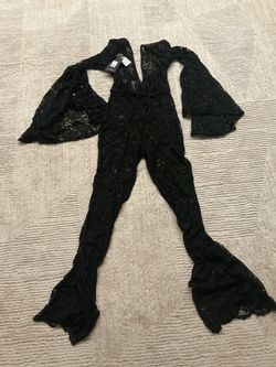 Black Lace Flare Jumpsuit with Bell Sleeves