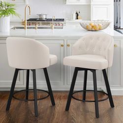 26''H Fabric Swivel Counter Stool with Nailhead Trim, Beige (Set of 2)