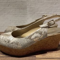 Jimmy Choo sz 9 snake effect glitter peep toe slingback cork wedge