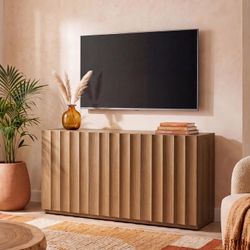 46.96”Amber Oak Wide Fluted TV Stand with Storage for 55 50 Inch TV, 3 Doors Mid-Century Modern Large Entertainment Center Media Console T